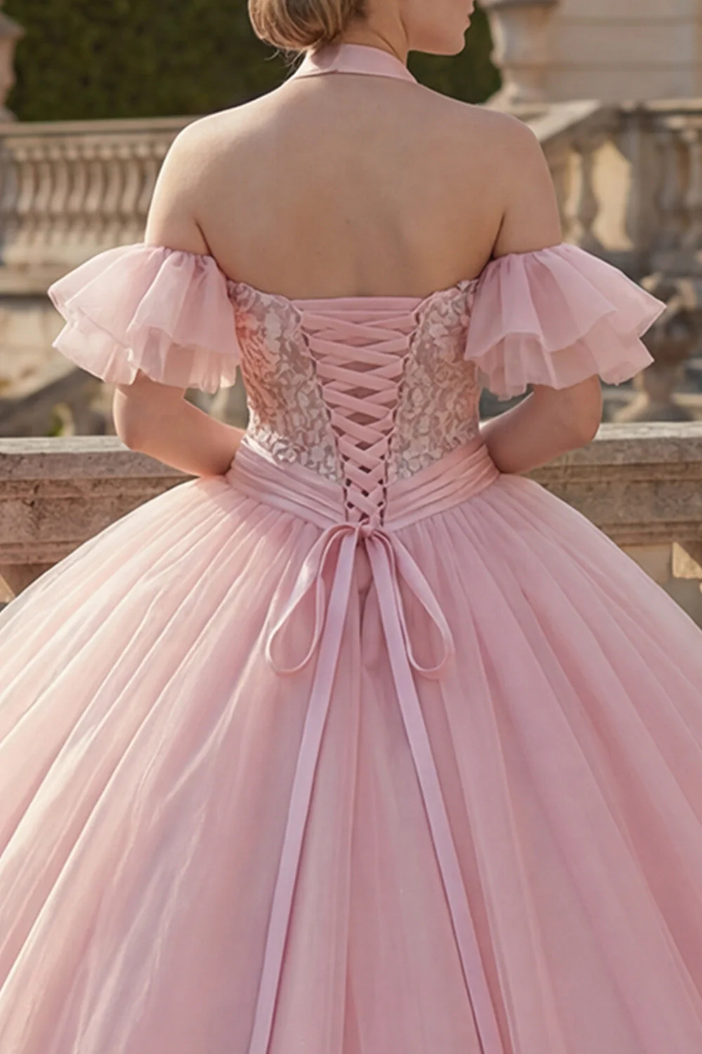 Różowa suknia balowa z dekoltem na ramię i aplikacjami z Quinceanera i powiewającymi rękawami - Image 4