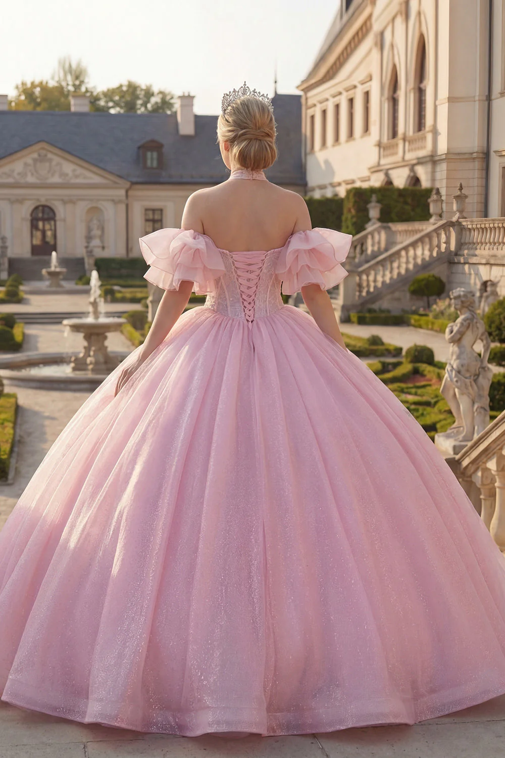 Różowa suknia balowa z dekoltem na ramię i koralikami z koralikowym sukienką z quinceanera i puszystymi rękawami - Image 2