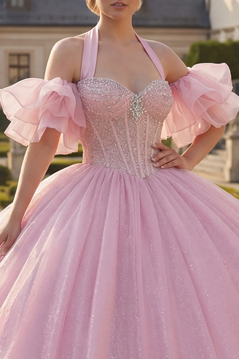 Różowa suknia balowa z dekoltem na ramię i koralikami z koralikowym sukienką z quinceanera i puszystymi rękawami - Image 3