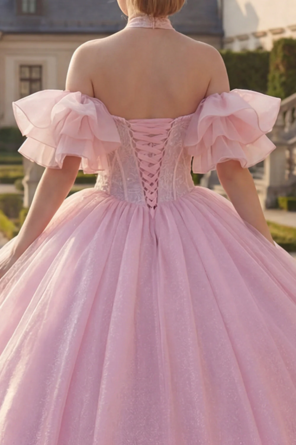 Różowa suknia balowa z dekoltem na ramię i koralikami z koralikowym sukienką z quinceanera i puszystymi rękawami - Image 4