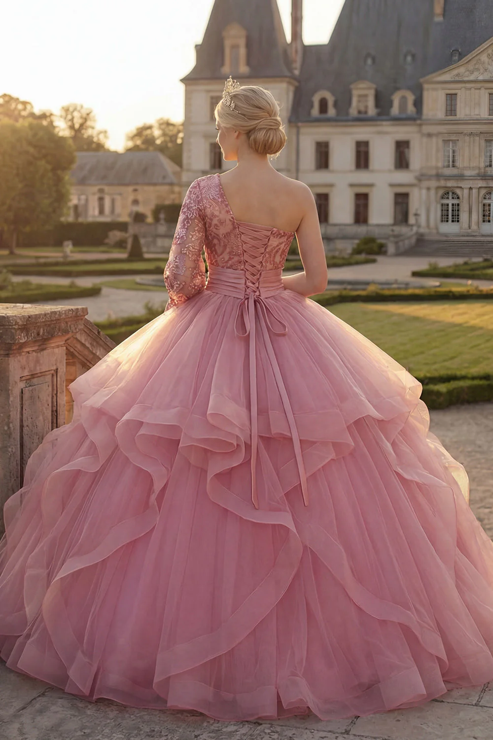 Różowa suknia balowa z falbanami i sukienią Quinceanera z długim rękawem - Image 2
