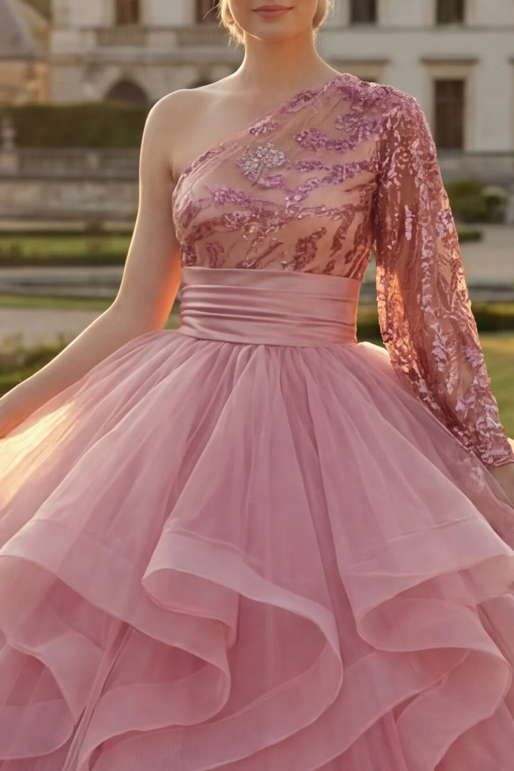Różowa suknia balowa z falbanami i sukienią Quinceanera z długim rękawem - Image 3