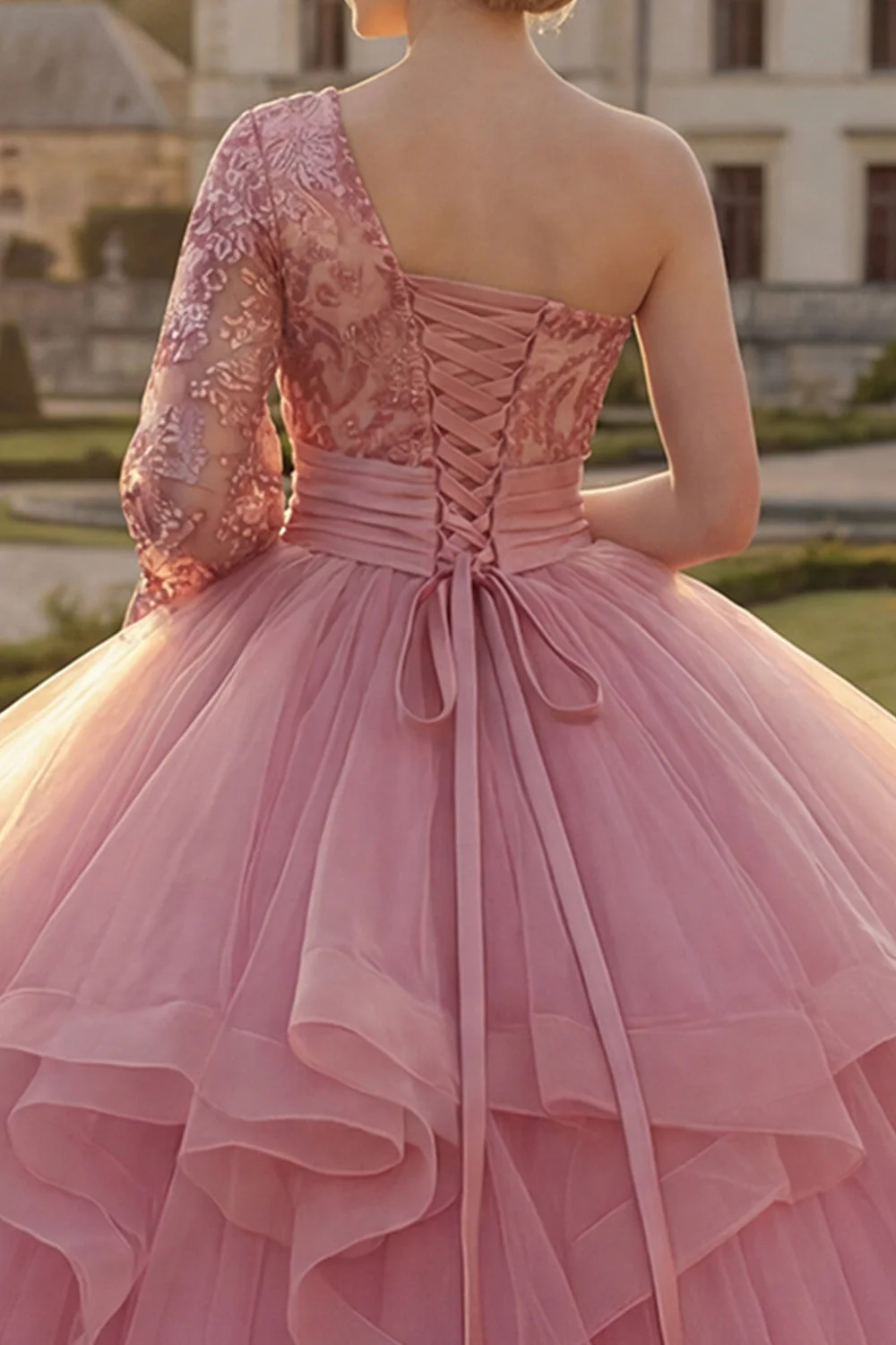 Różowa suknia balowa z falbanami i sukienią Quinceanera z długim rękawem - Image 4