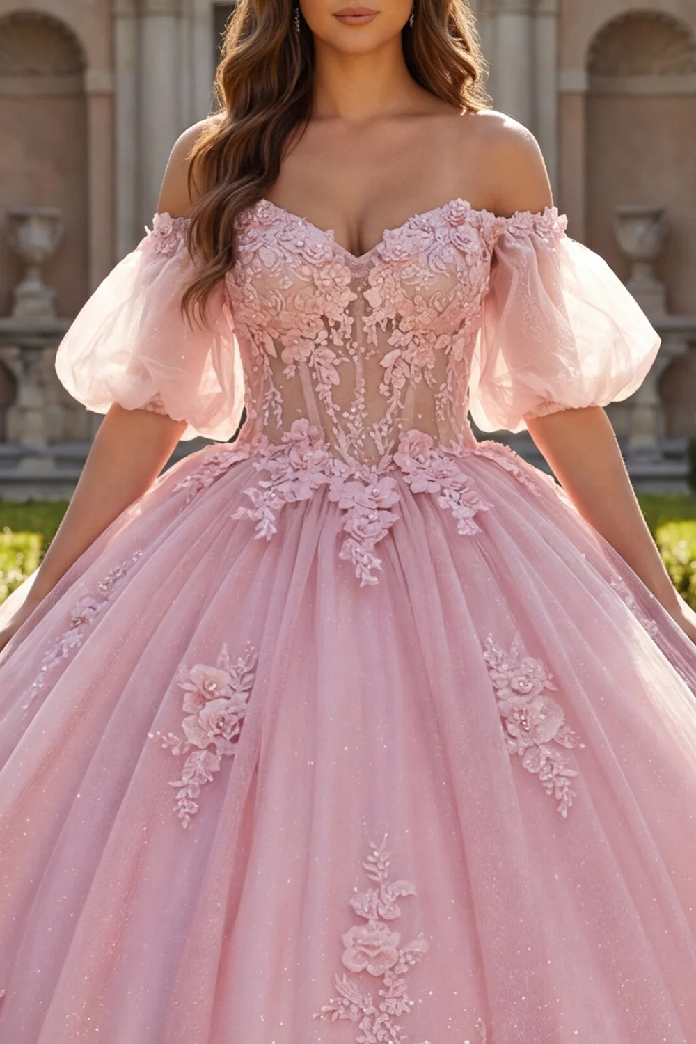 Różowa suknia balowa z odkrytymi ramionami – sukienka Quinceanera z puszystymi rękawami - Image 3