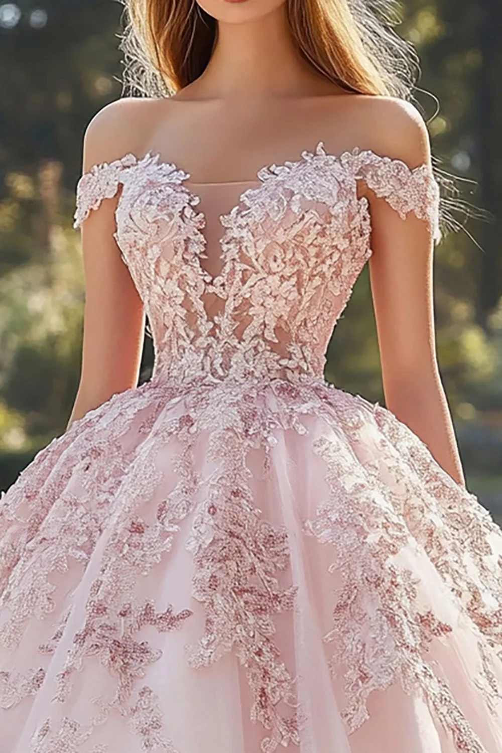 Różowa suknia balowa z odkrytymi ramionami Tiulowa sukienka Quinceanera z aplikacjami - Image 2