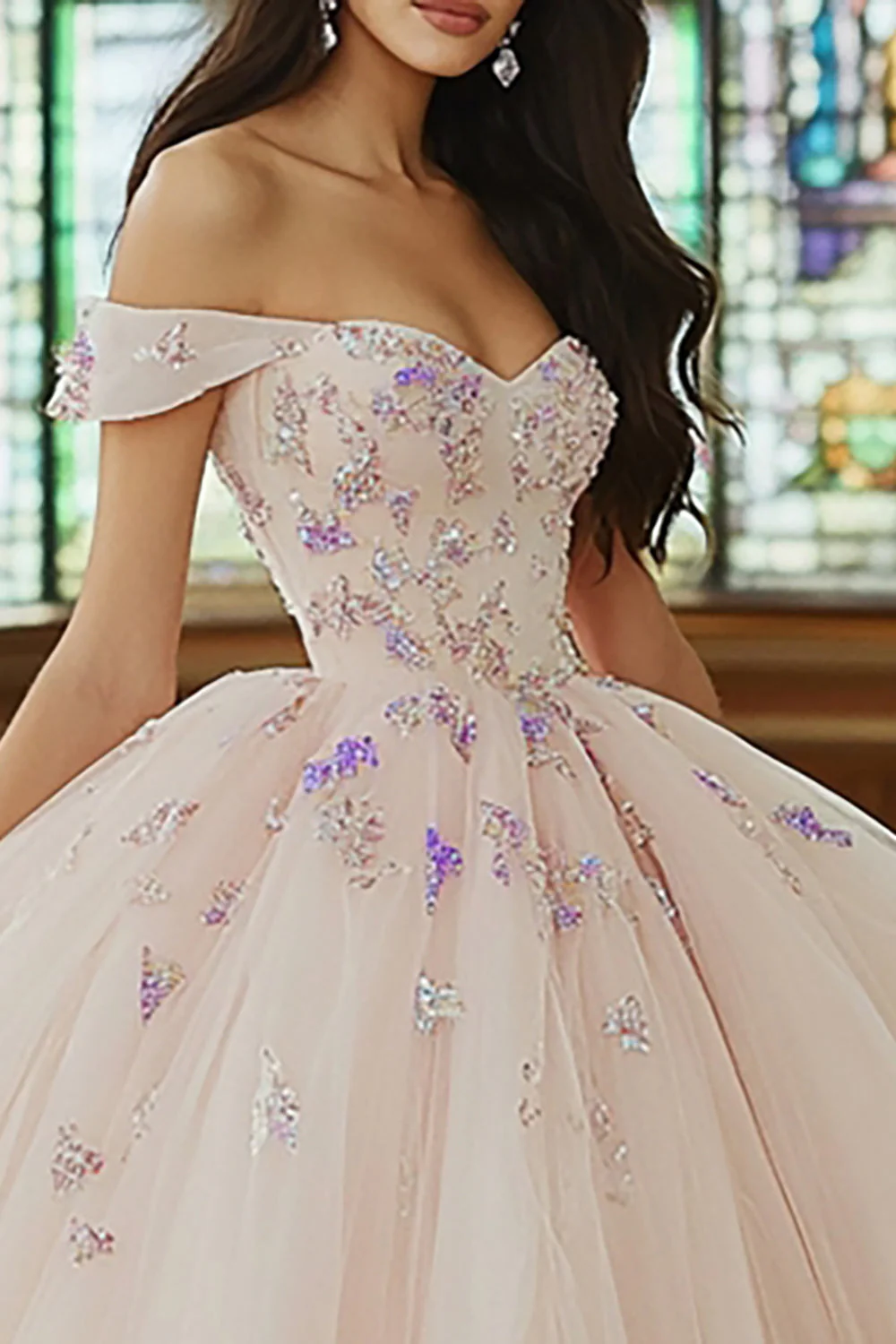 Różowa suknia balowa z odkrytymi ramionami tiulowa sukienka z aplikacją quinceanera - Image 2