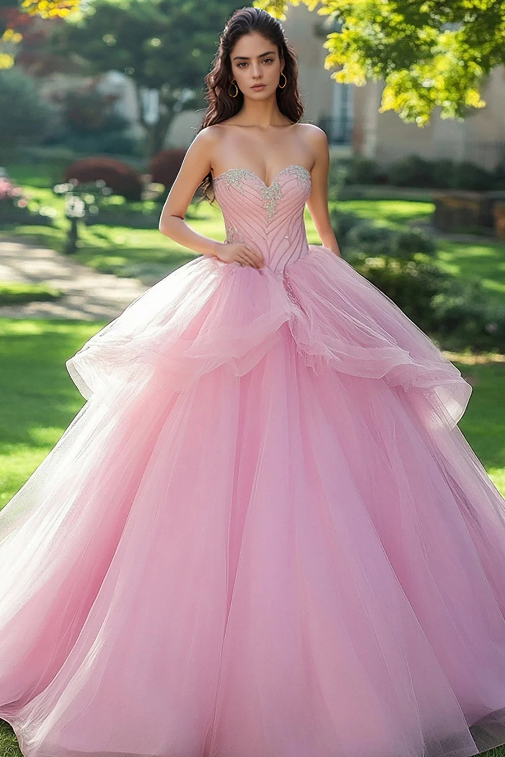 Różowa tiulowa sukienka księżniczki quinceanera w kształcie serca z koralikami