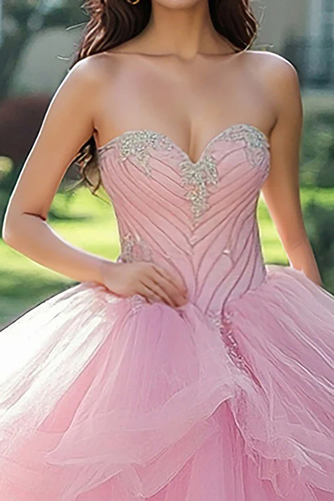 Różowa tiulowa sukienka księżniczki quinceanera w kształcie serca z koralikami - Image 2