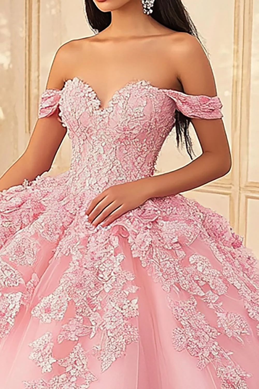 Różowa tiulowa sukienka księżniczki quinceanera z odkrytymi ramionami z aplikacjami - Image 2