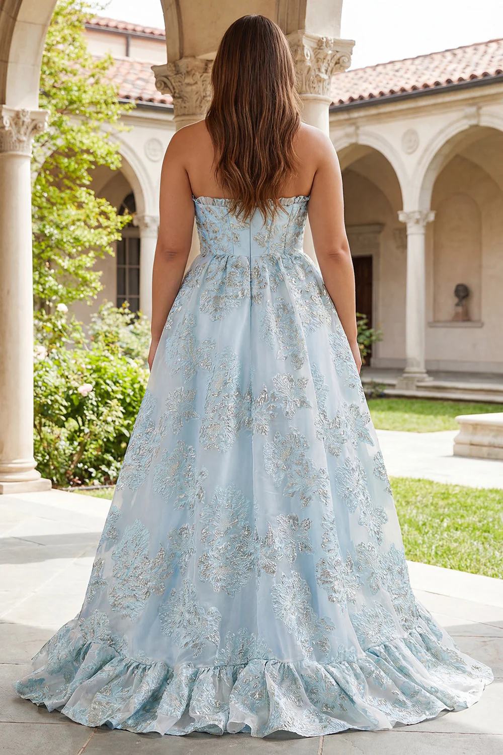 Różowa żakariuszowa sukienka na bal bez ramiączek w linii A, długa plus size sukienka na bal maturalny z rozcięciem - Image 6