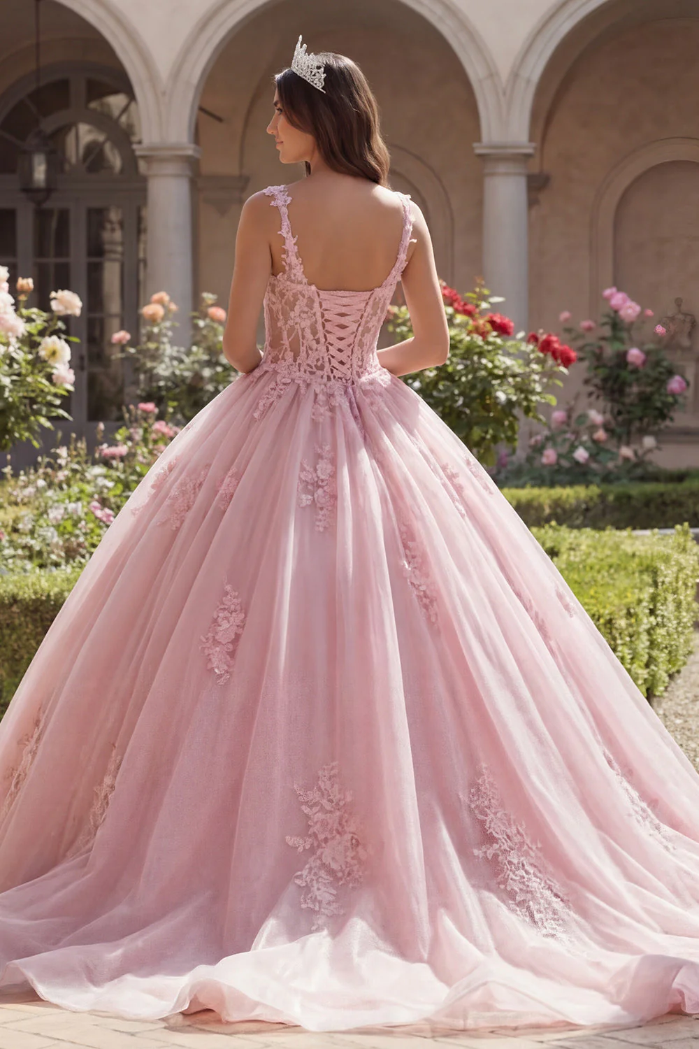 Różowe ramiączka spaghetti z gorsetem, aplikacjowana suknia balowa Quinceanera - Image 2
