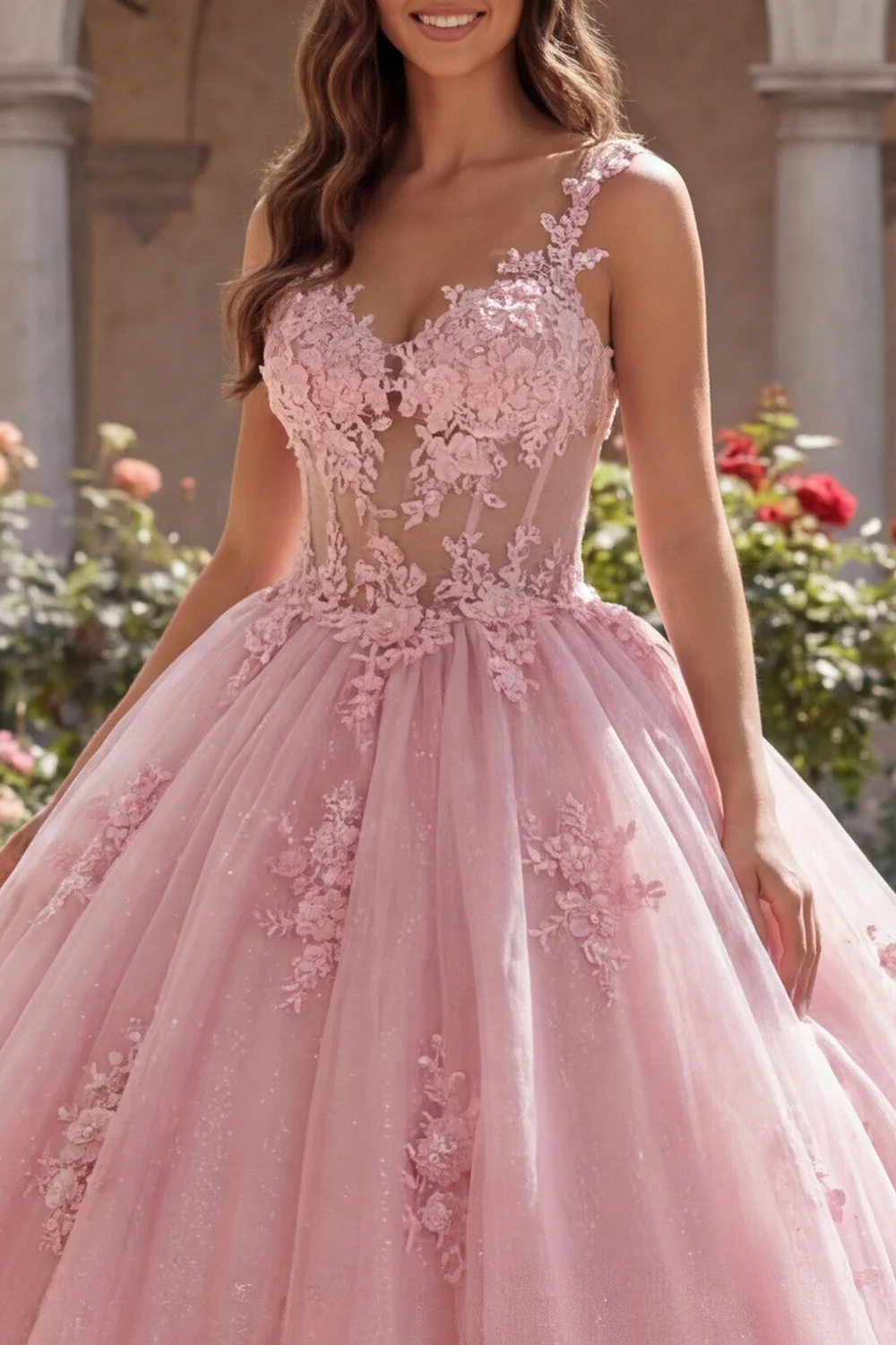 Różowe ramiączka spaghetti z gorsetem, aplikacjowana suknia balowa Quinceanera - Image 3