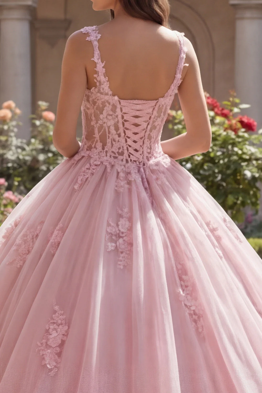 Różowe ramiączka spaghetti z gorsetem, aplikacjowana suknia balowa Quinceanera - Image 4