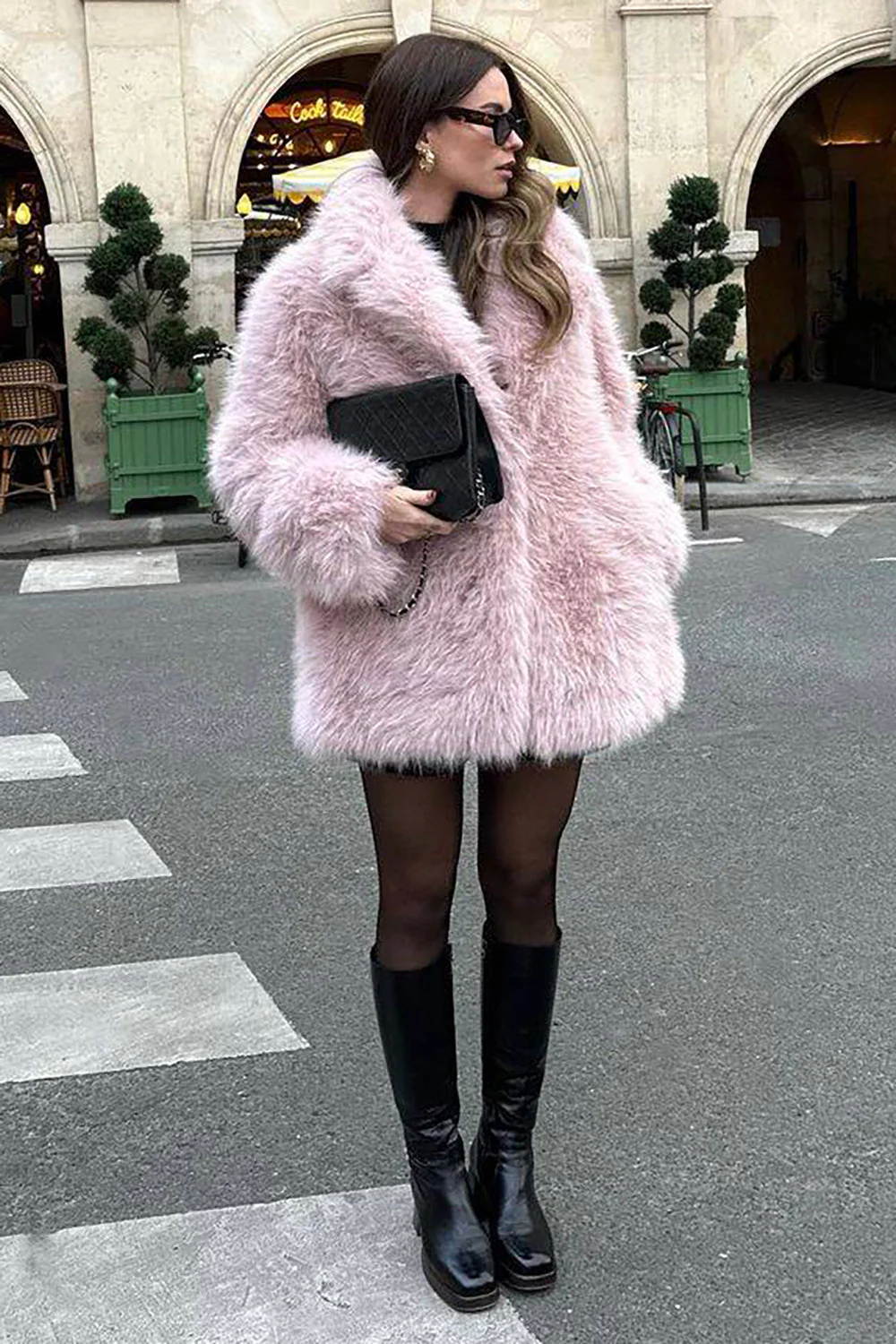 Różowy otwarty przód Shearling Plaszcz Ze Sztucznego Futra - Image 3