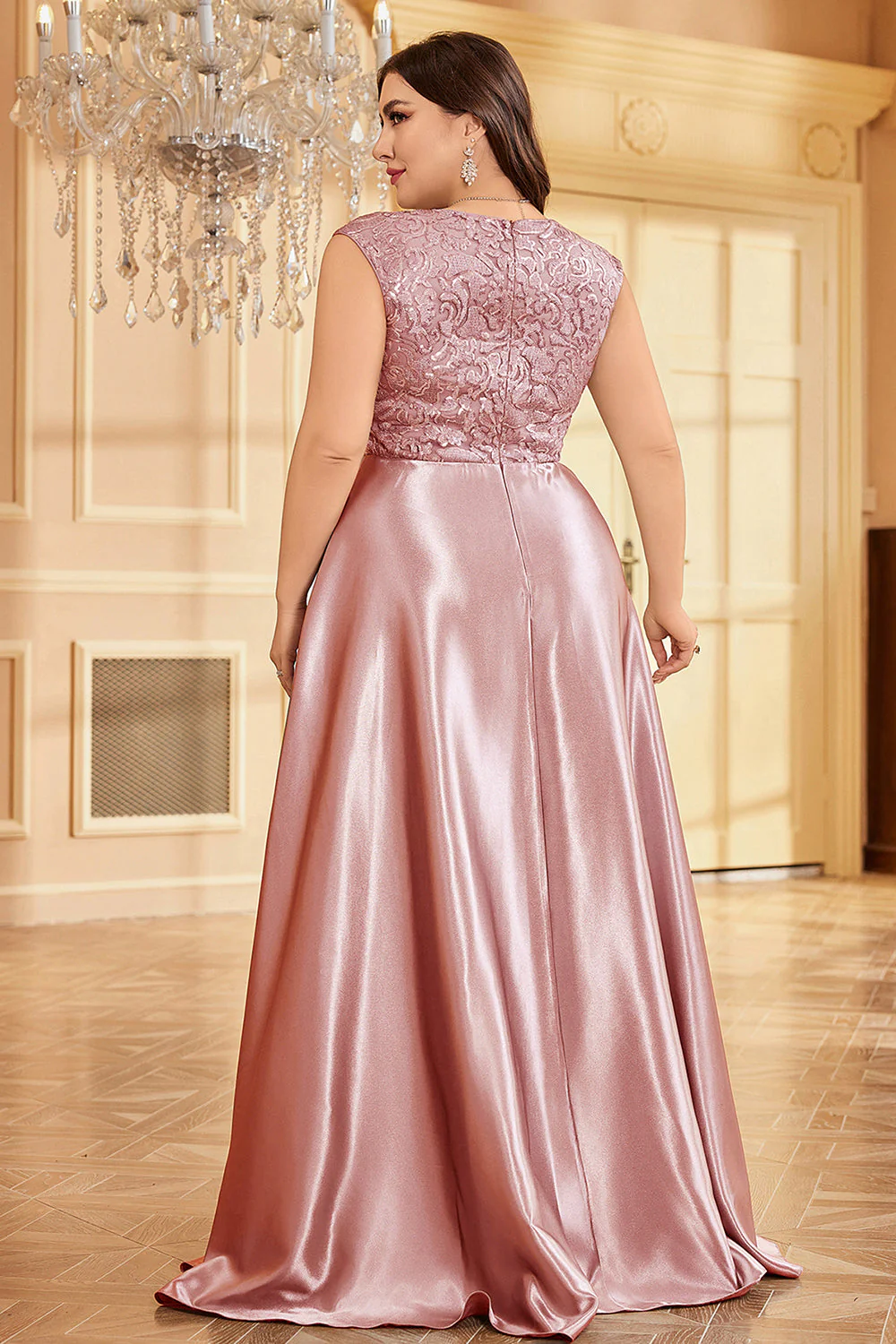 Różowy Plus Size Satynowa Długa Sukienka Dla Matki Panny Młodej - Image 2