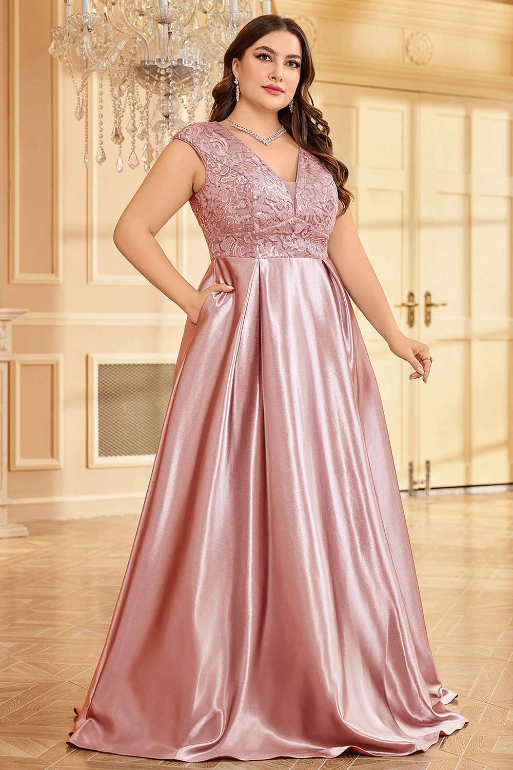 Różowy Plus Size Satynowa Długa Sukienka Dla Matki Panny Młodej - Image 3