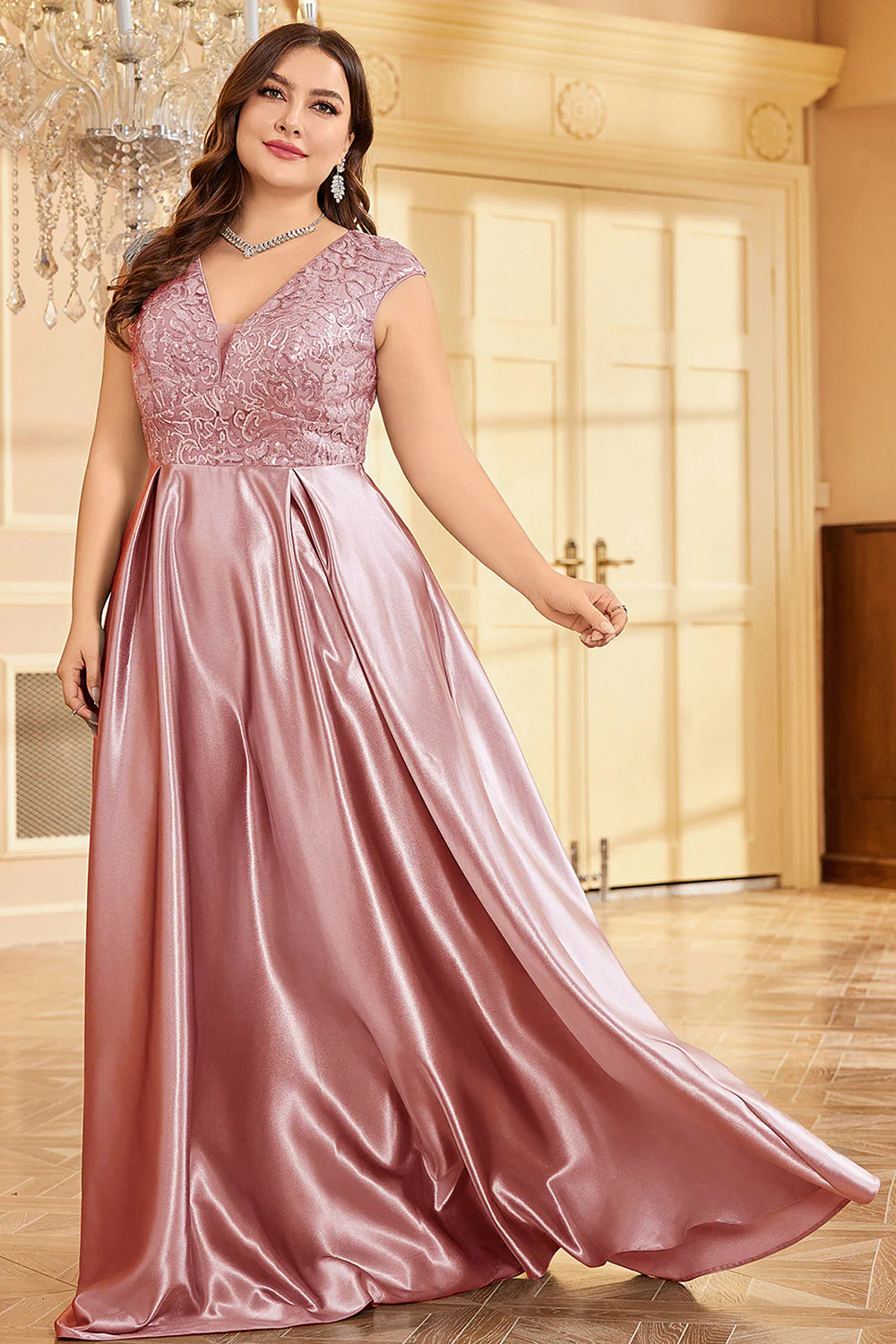 Różowy Plus Size Satynowa Długa Sukienka Dla Matki Panny Młodej - Image 5