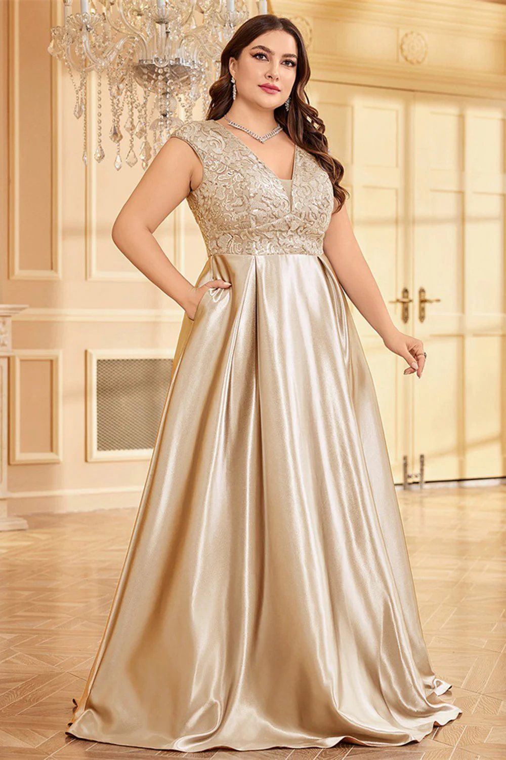 Różowy Plus Size Satynowa Długa Sukienka Dla Matki Panny Młodej - Image 8