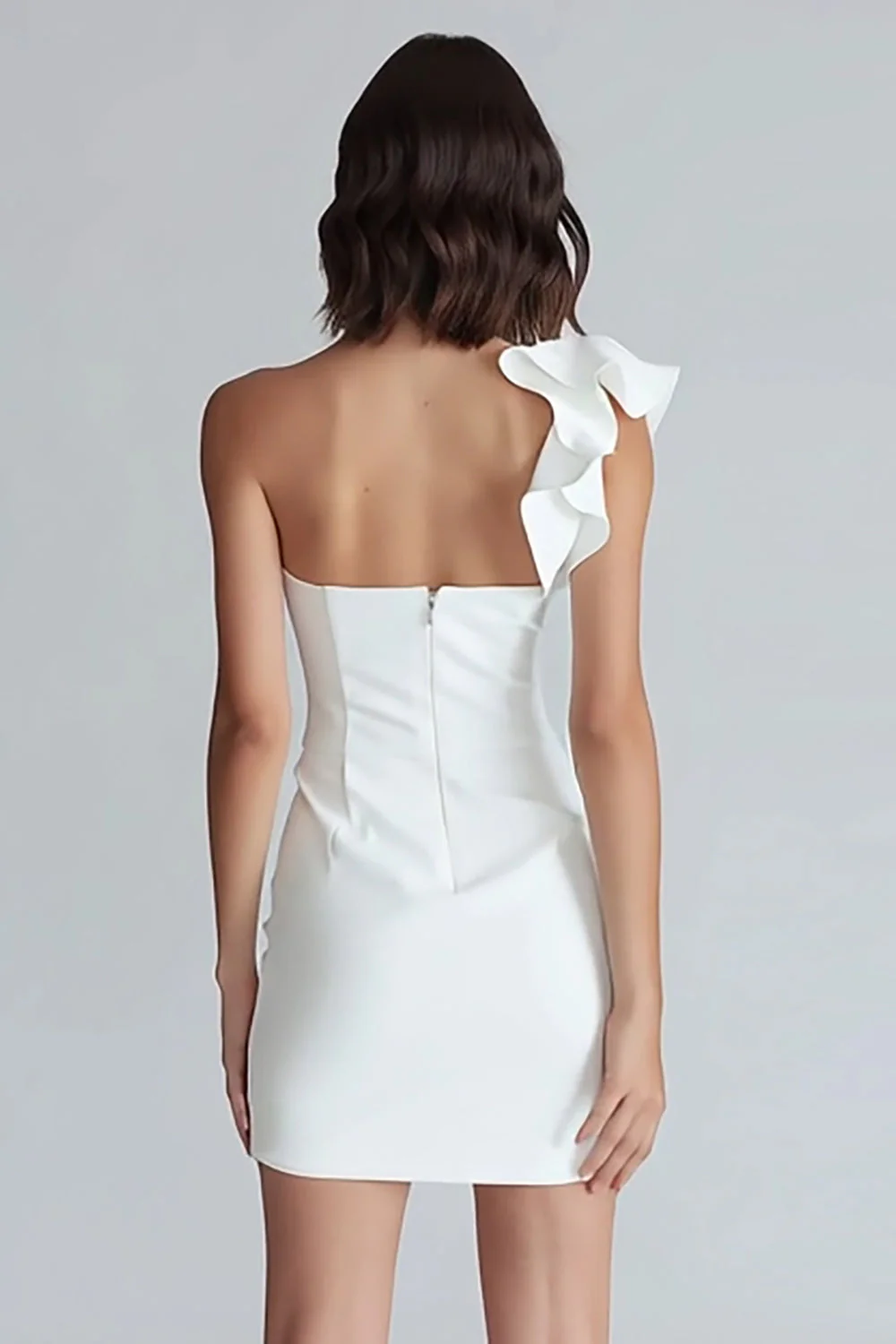 Ruched One Shoulder Bodycon Mała Biała Sukienka - Image 2