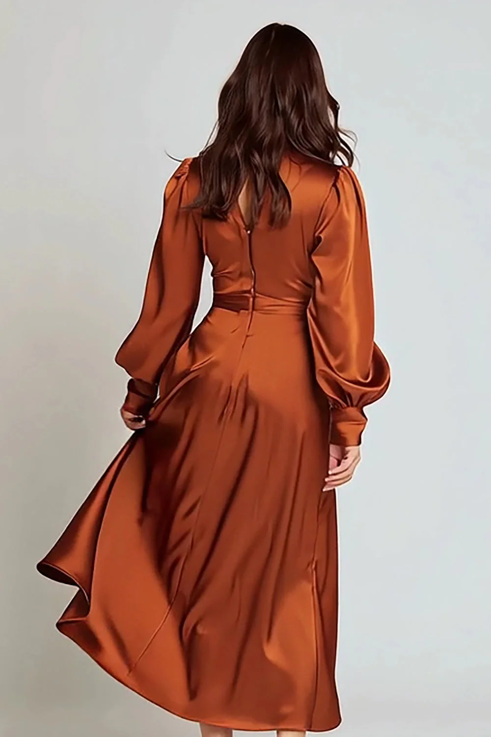 Rust Satin A Line Midi Dress Dress Duty z dekoltem w serek - Image 2