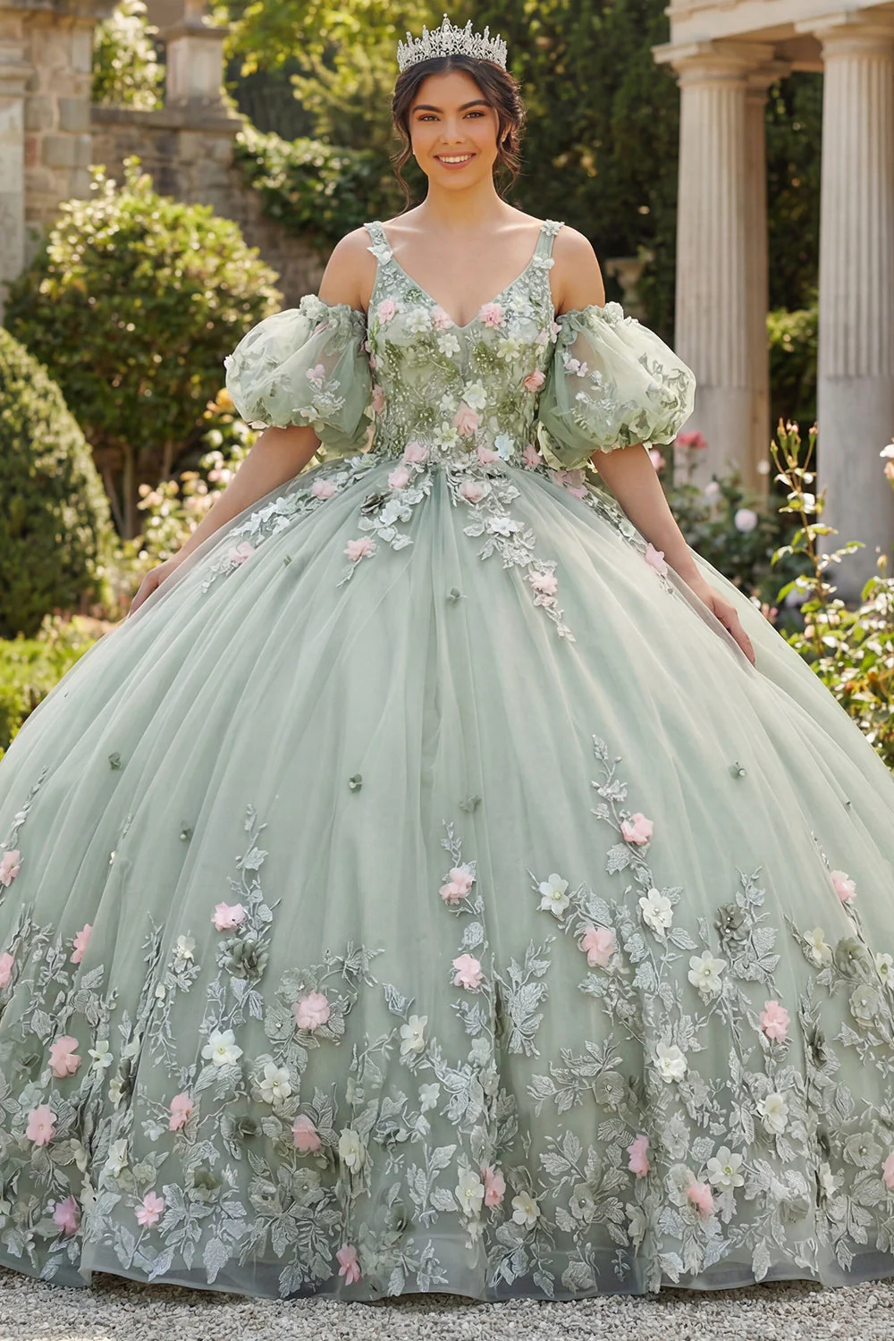 Sage Green Ball Dress 3D Kwiaty – sukienka księżniczki z Quinceanera z puszystymi rękawami