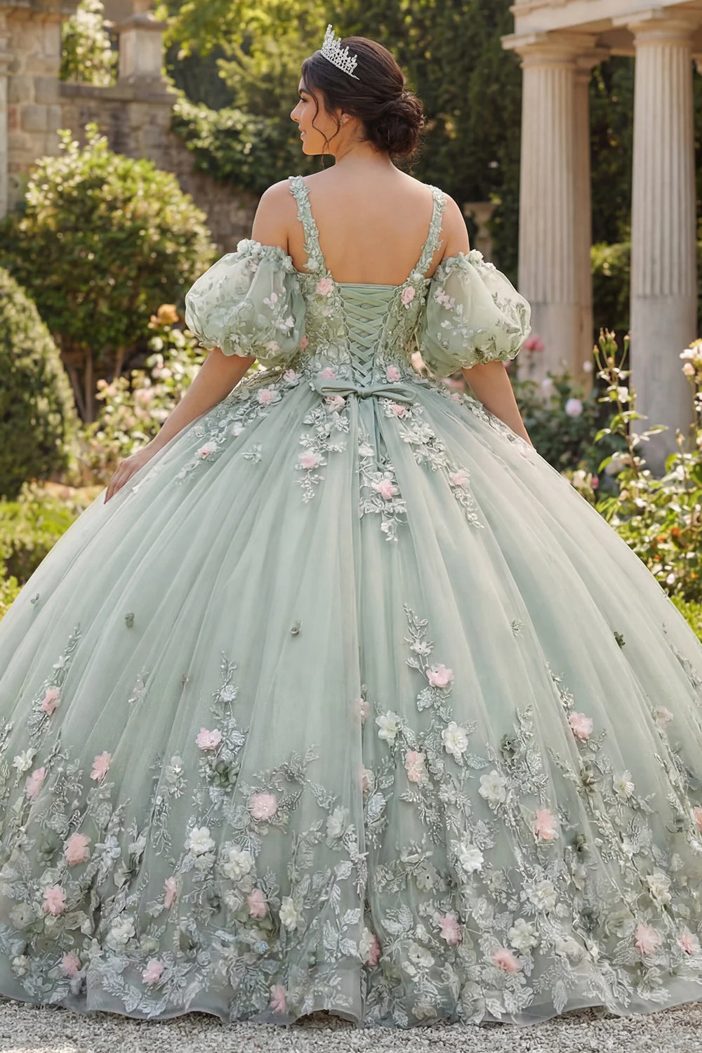 Sage Green Ball Dress 3D Kwiaty – sukienka księżniczki z Quinceanera z puszystymi rękawami - Image 2