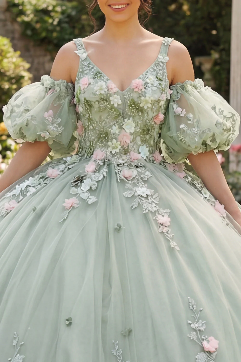 Sage Green Ball Dress 3D Kwiaty – sukienka księżniczki z Quinceanera z puszystymi rękawami - Image 3