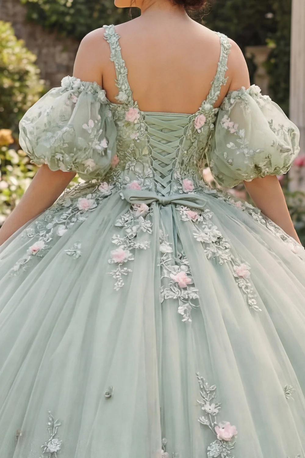 Sage Green Ball Dress 3D Kwiaty – sukienka księżniczki z Quinceanera z puszystymi rękawami - Image 4