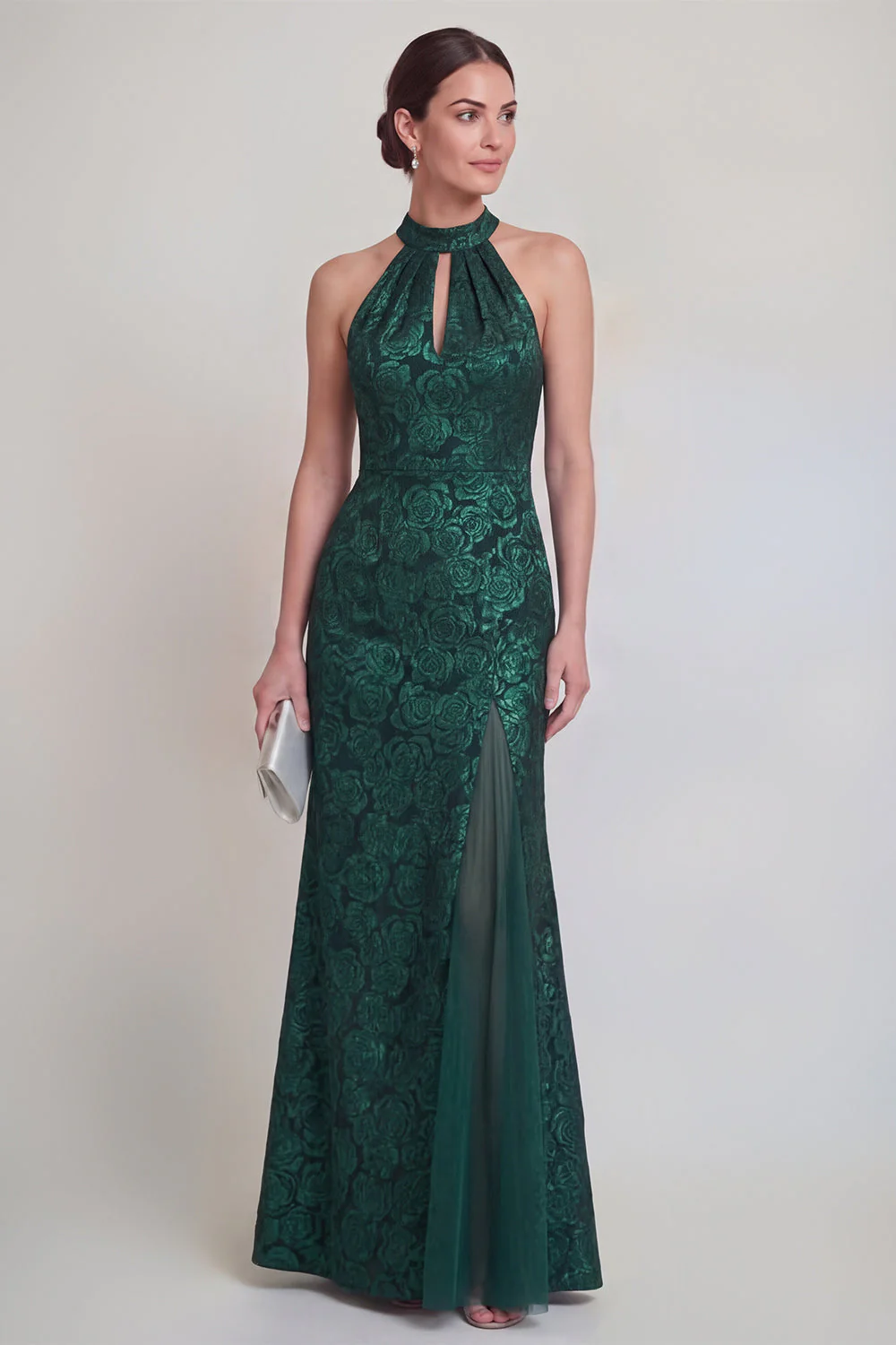 Sage Green Floral Halter Mermaid Long Mother of The Bride Dress with Slit - Image 13