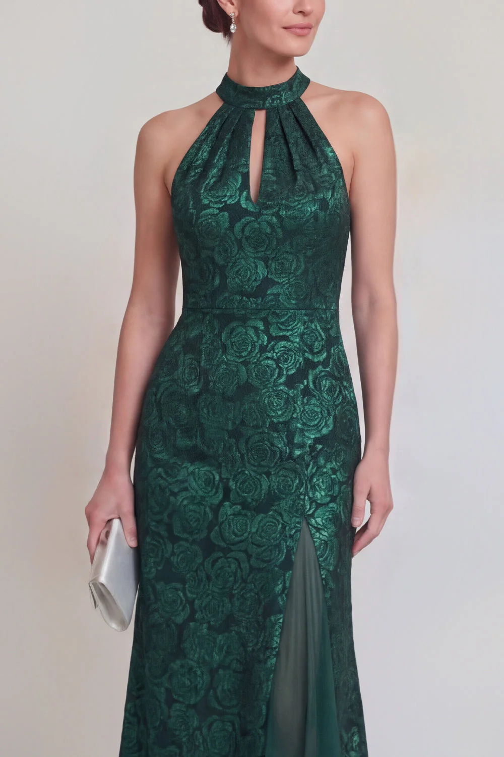 Sage Green Floral Halter Mermaid Long Mother of The Bride Dress with Slit - Image 15