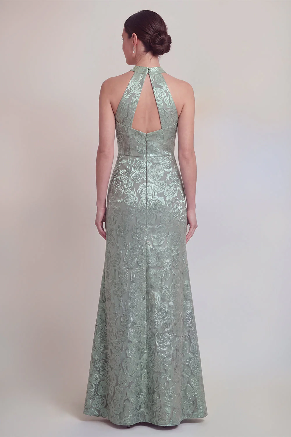 Sage Green Floral Halter Mermaid Long Mother of The Bride Dress with Slit - Image 2