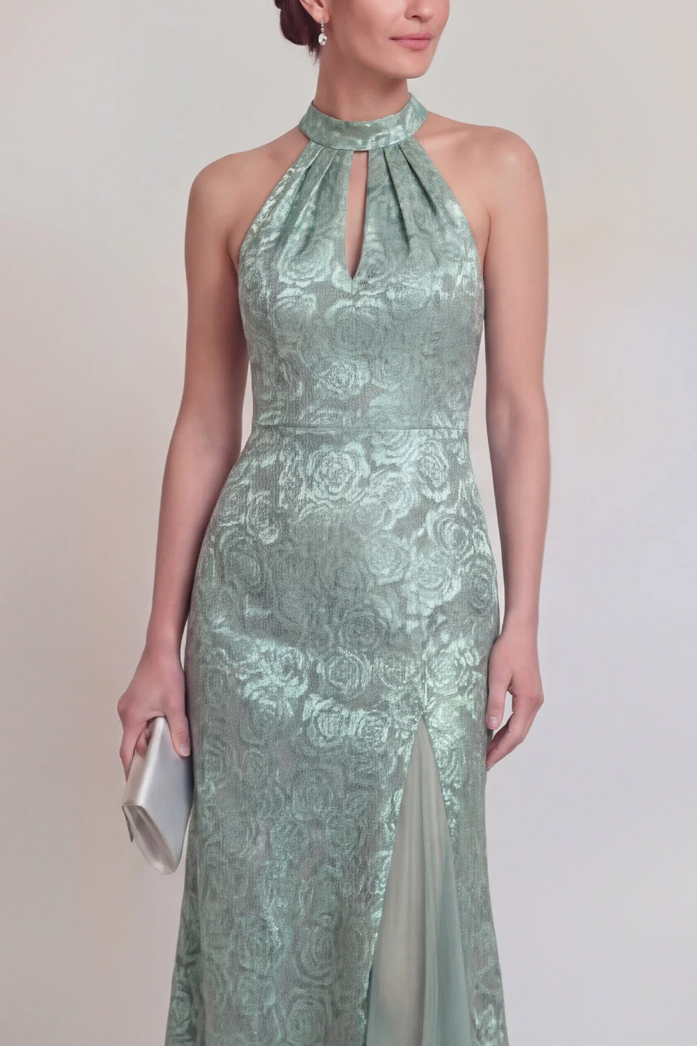 Sage Green Floral Halter Mermaid Long Mother of The Bride Dress with Slit - Image 3