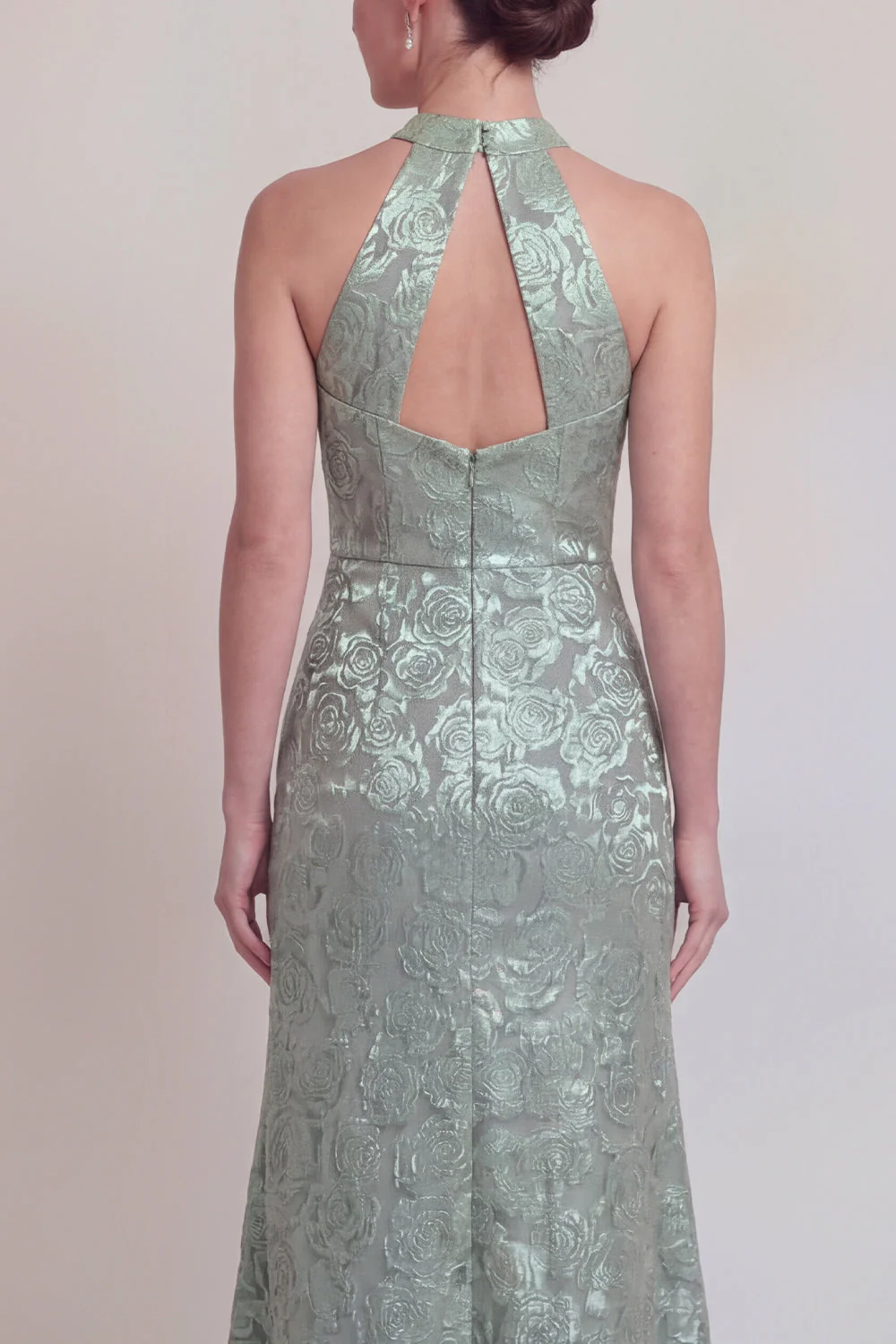 Sage Green Floral Halter Mermaid Long Mother of The Bride Dress with Slit - Image 4