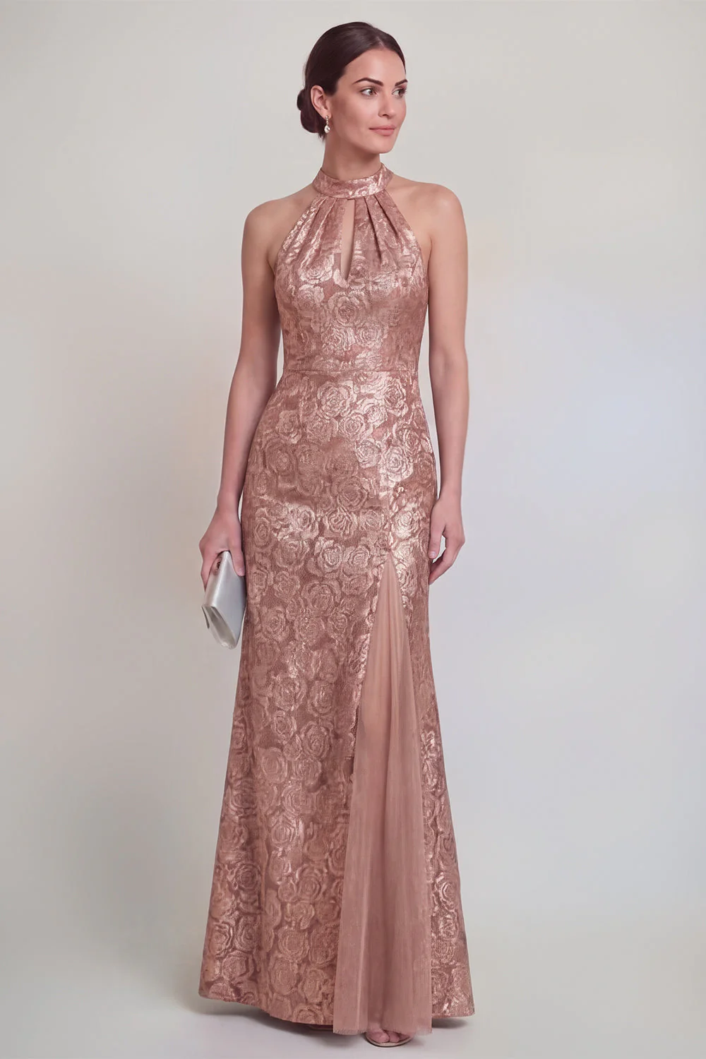 Sage Green Floral Halter Mermaid Long Mother of The Bride Dress with Slit - Image 5