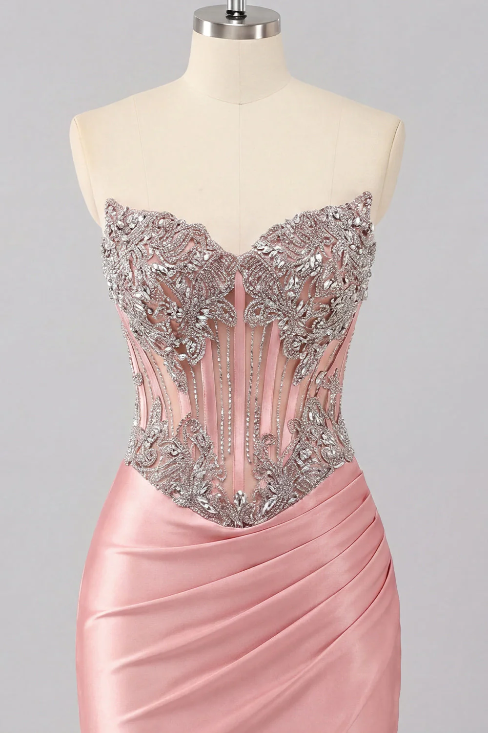 Satin Blush Sweetheart Bodycon Gorset z marszczami na bal z cyrkrychami - Image 8