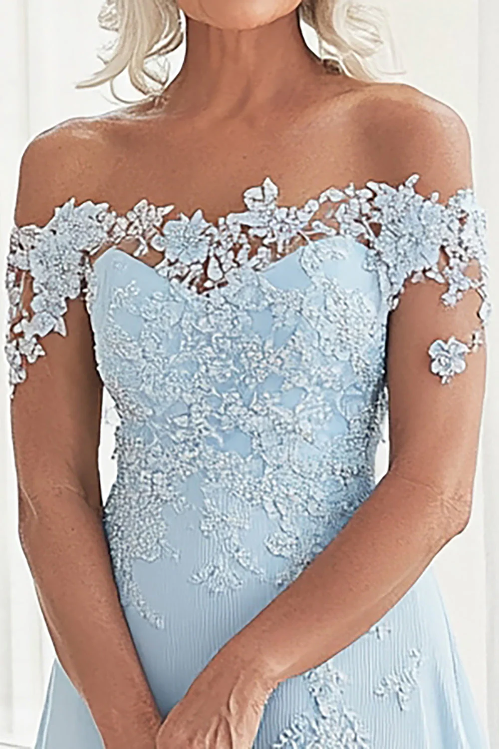 Sky Blue Linia Off The Shoulder Koronkowe Aplikacje Sukienka Matki Panny Młodej - Image 2