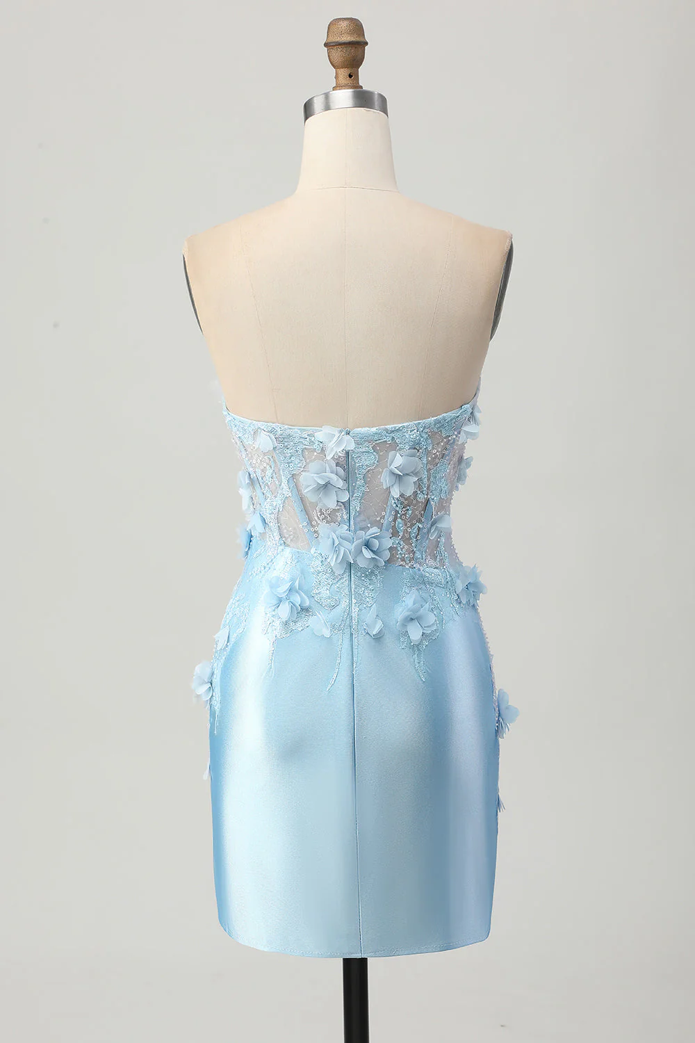 Sky Blue Satin Bodycon Bez Ramiączek Cekiny Krótka Sukienka Na Powrót Do Domu Z Aplikacjami - Image 2