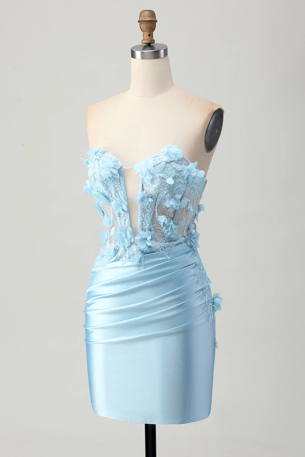 Sky Blue Satin Bodycon Bez Ramiączek Cekiny Krótka Sukienka Na Powrót Do Domu Z Aplikacjami - Image 3