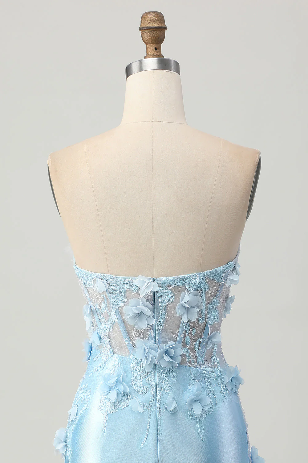 Sky Blue Satin Bodycon Bez Ramiączek Cekiny Krótka Sukienka Na Powrót Do Domu Z Aplikacjami - Image 5