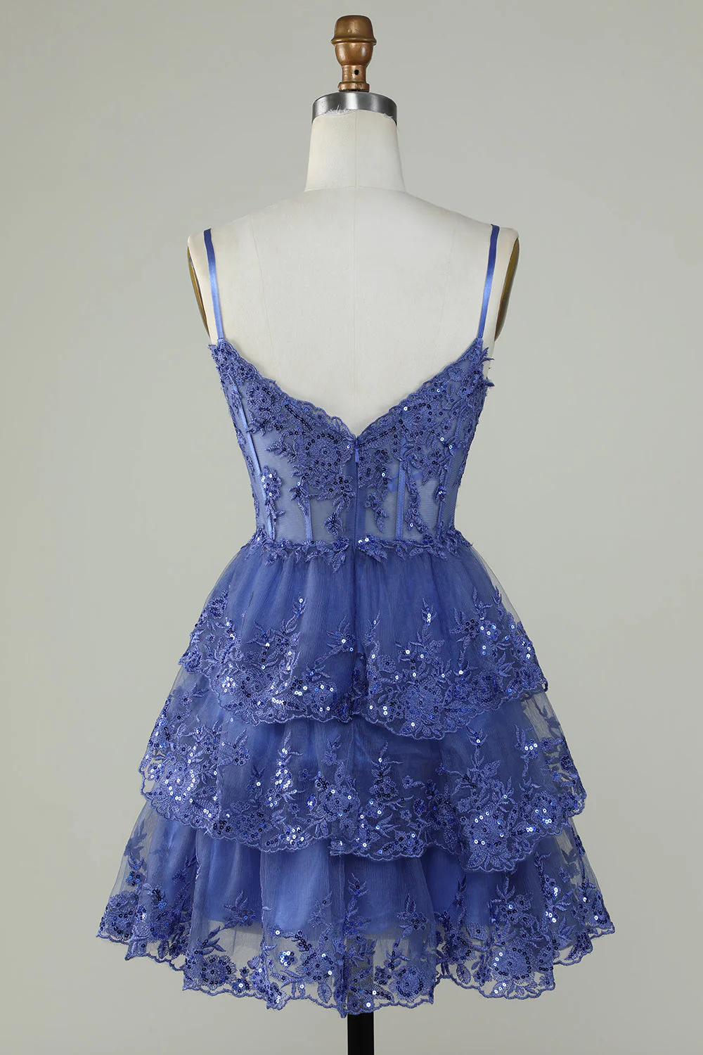 Śliczne paski spaghetti z linii ciemnoniebieski błyszczący gorset Homecoming Dress - Image 2