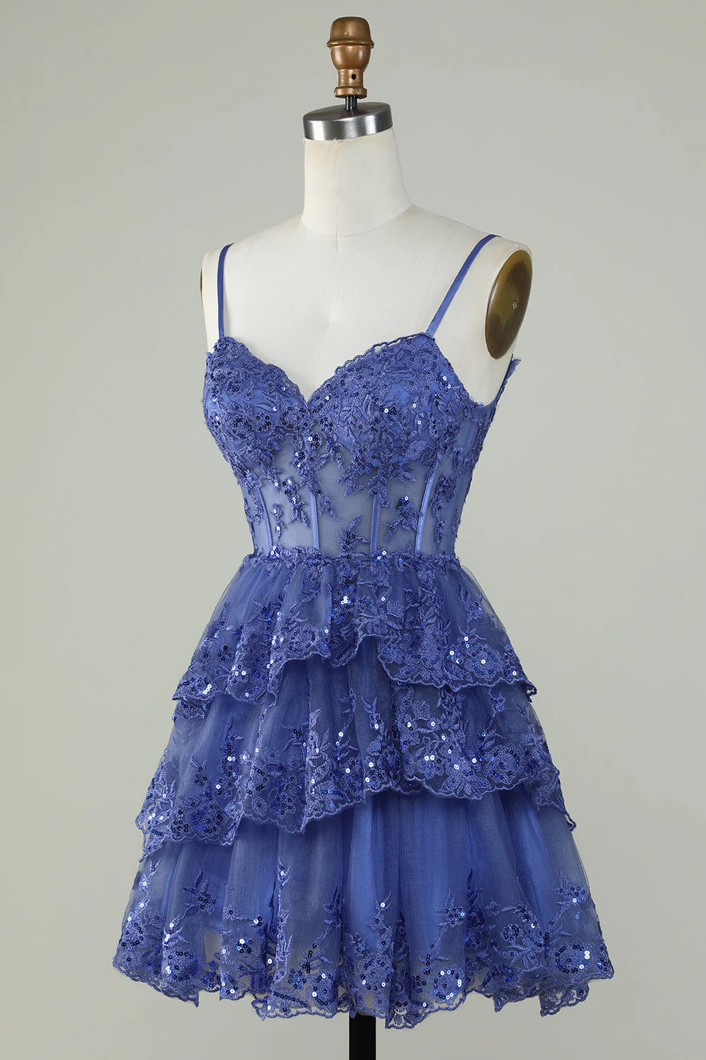 Śliczne paski spaghetti z linii ciemnoniebieski błyszczący gorset Homecoming Dress - Image 3