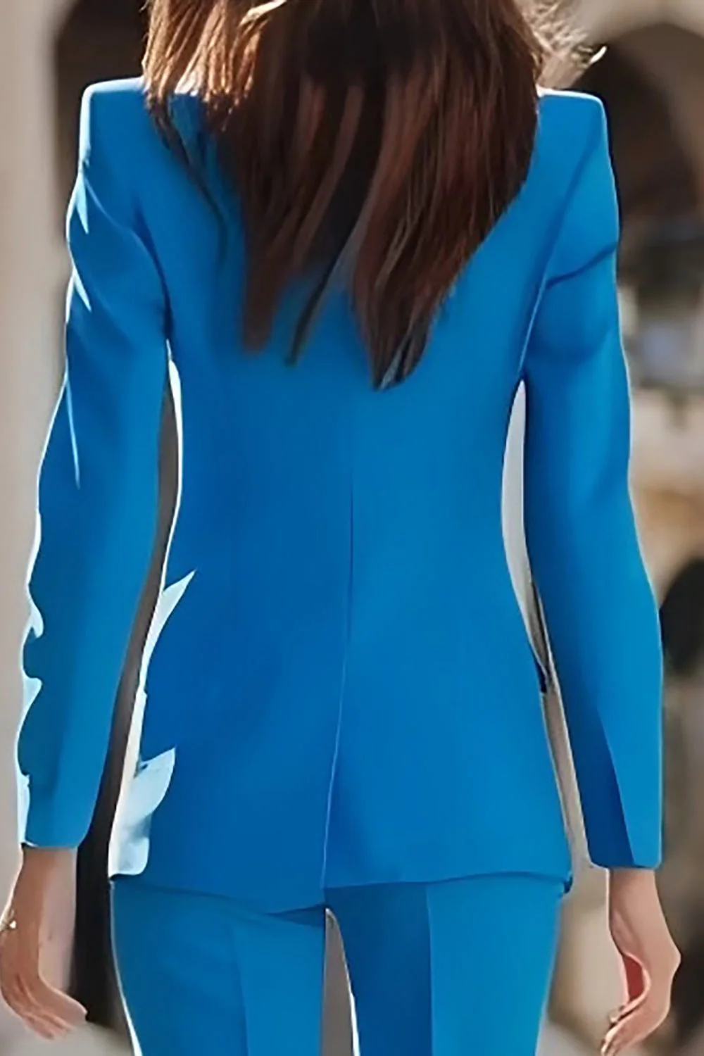Slim Fit Niebieskie 2-częściowe dwurzędowe garnitury damskie z klapami w kształcie szczytu - Image 4