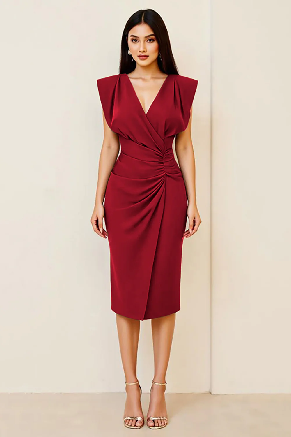 Śliwka marszczona sukienka bodycon midi z dekoltem w serek - Image 2