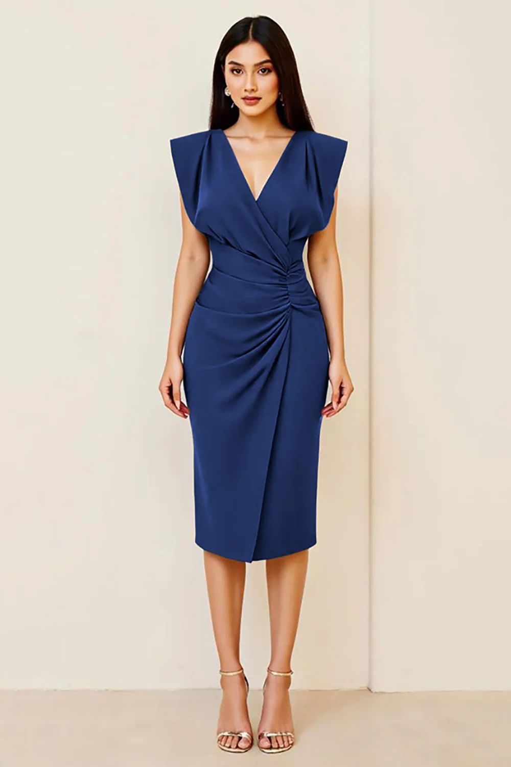 Śliwka marszczona sukienka bodycon midi z dekoltem w serek - Image 4
