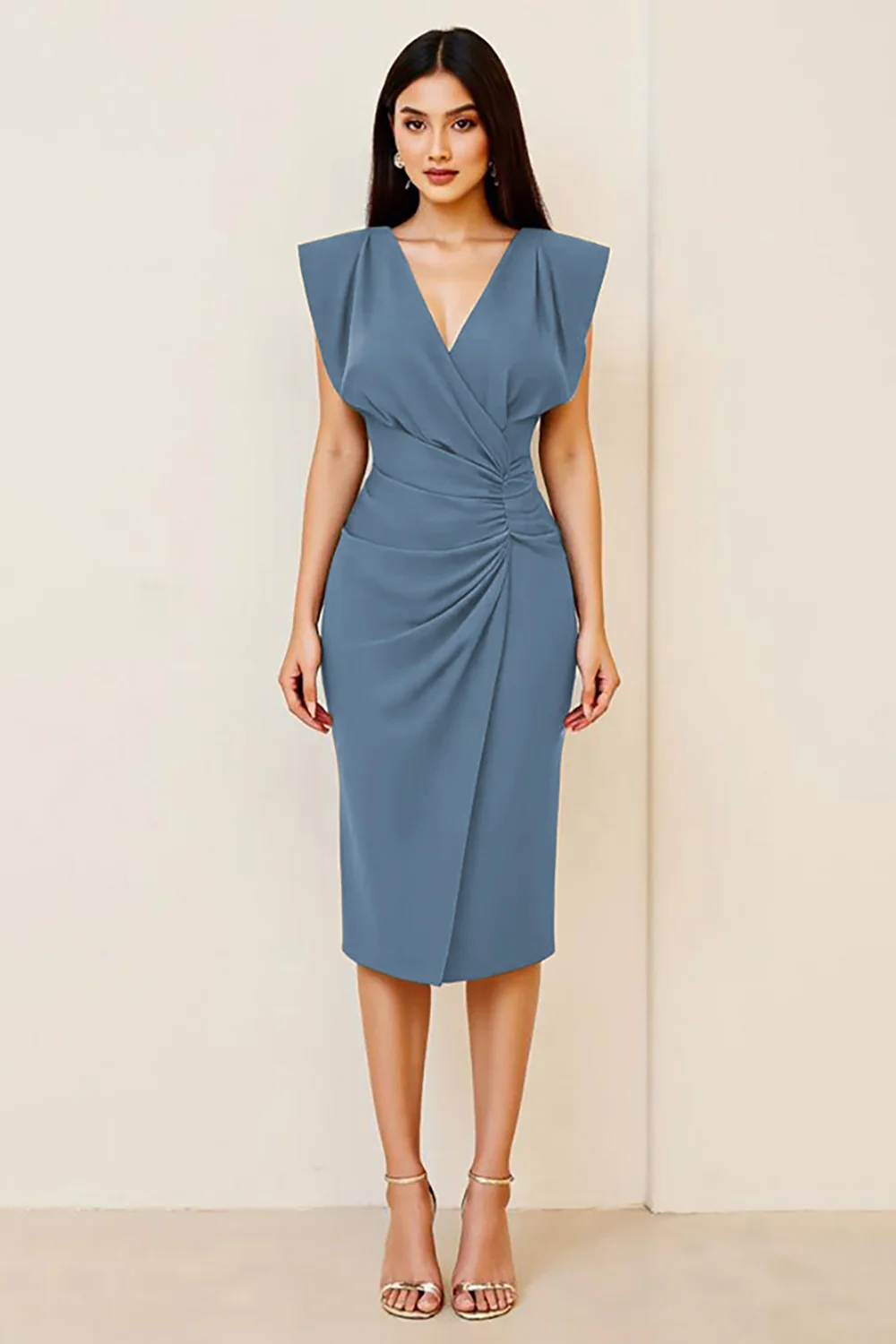 Śliwka marszczona sukienka bodycon midi z dekoltem w serek - Image 5