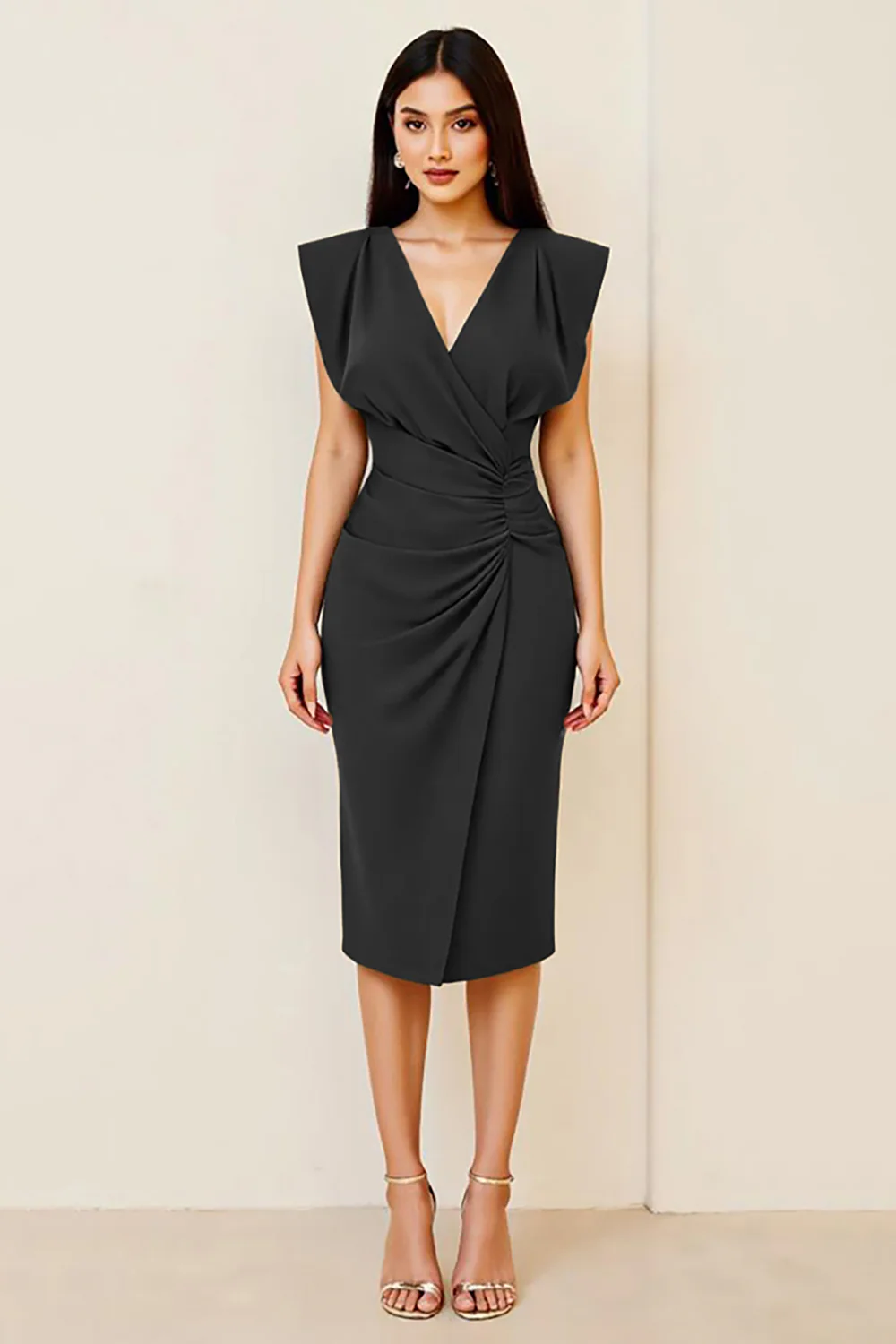 Śliwka marszczona sukienka bodycon midi z dekoltem w serek - Image 6