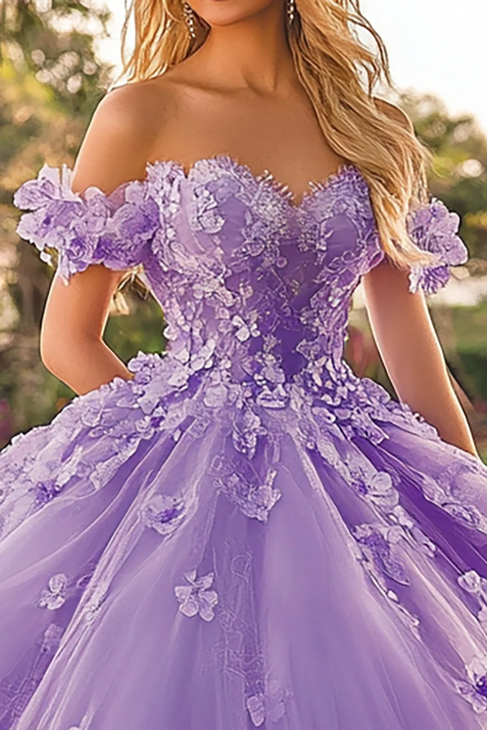 Śliwkowa kwiatowa tiulowa sukienka z odkrytymi ramionami Quinceanera z aplikacjami - Image 2