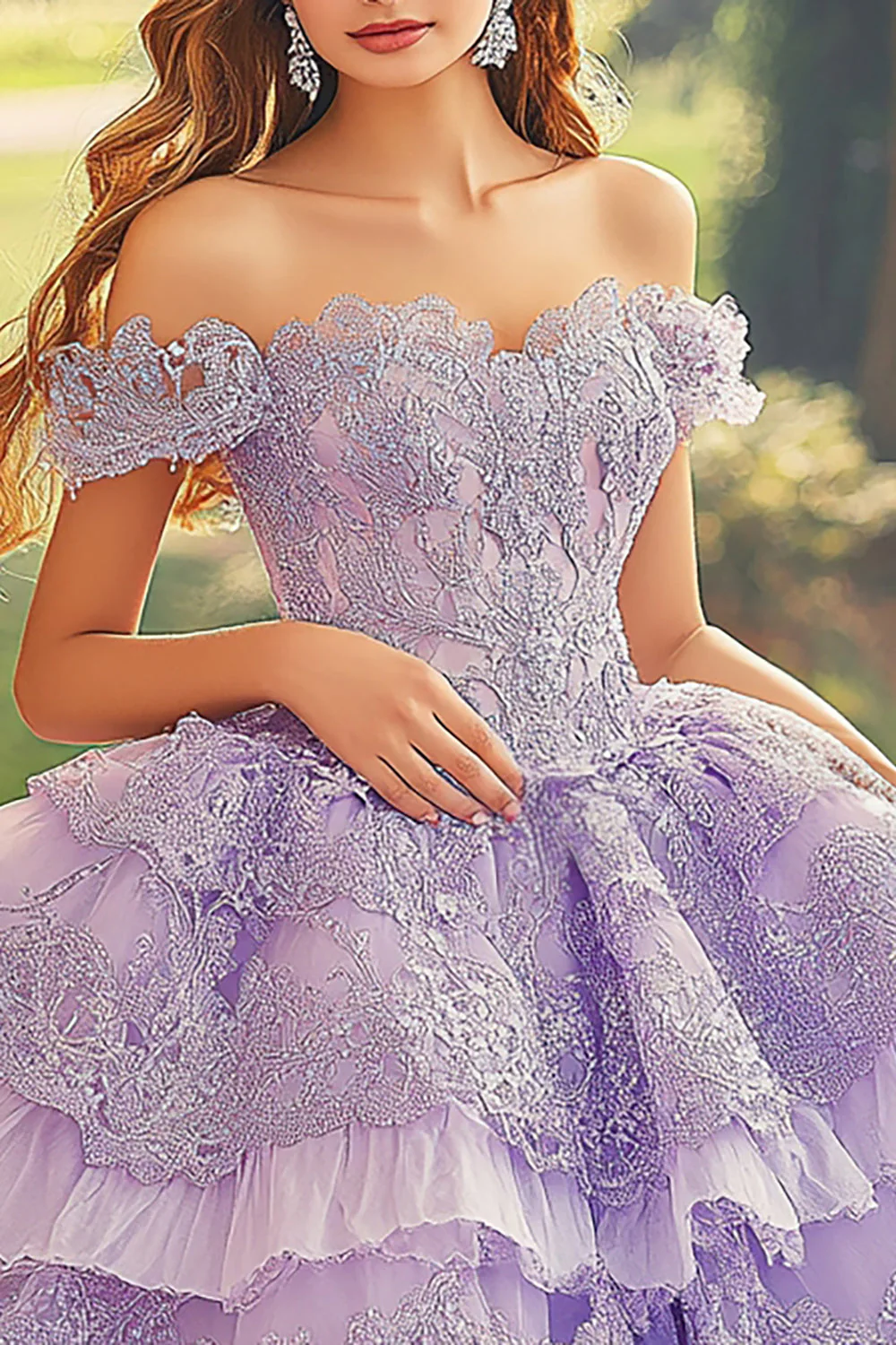 Śliwkowa tiulowa suknia balowa z ramionami Warstwowa sukienka quinceanera z aplikacjami - Image 2