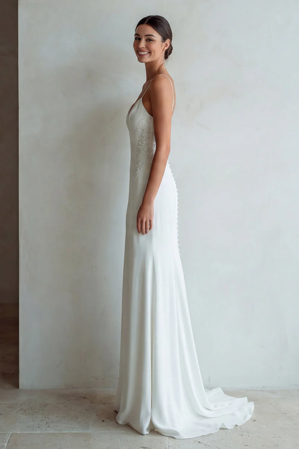Słoniowa Spaghetti Straps Syrena Sweep Train Wedding Dress z koronką - Image 3