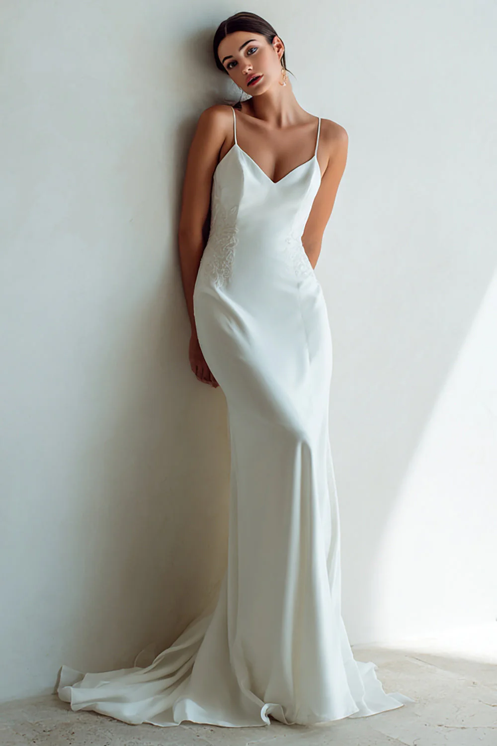 Słoniowa Spaghetti Straps Syrena Sweep Train Wedding Dress z koronką - Image 4